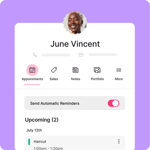 A client profile in a booking app with information about upcoming appointments.